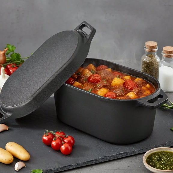 4.5QT Pre‑Seasoned Oval Cast Iron Dutch Oven with Lid and Heat‑Resistant Baking Gloves, 2‑In‑1 Multi‑Cooker Pot for Bread Baking, Braising and Roasting, Compatible with Stovetop and Oven