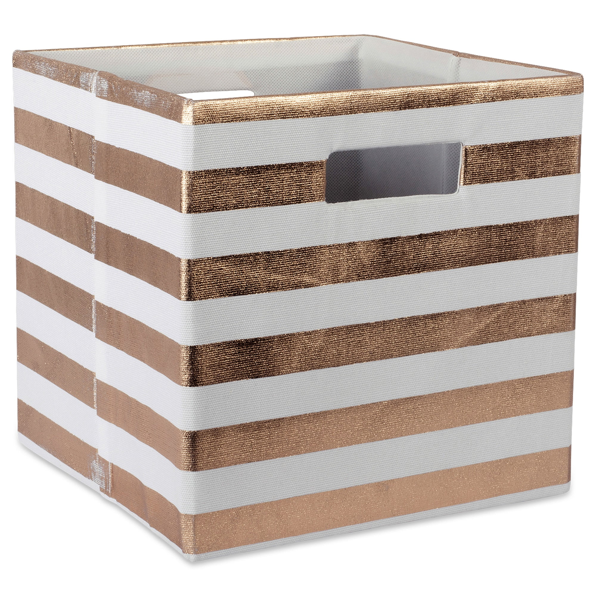 11" White and Copper Colored Stripe Patterned Square Storage Bin