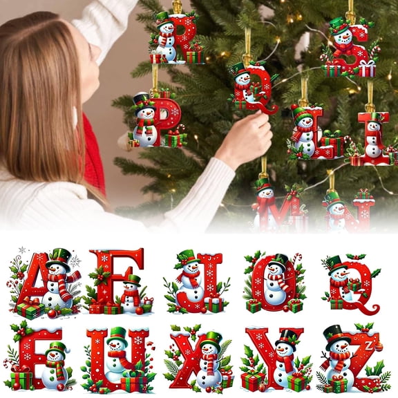 CoreLiving Initial Ornaments for Christmas Tree, Monogram Christmas Ornaments Alphabet Pendant with Green Hat, 26 Letters Bookshelf DIY Hanging Decorations Party Gifts