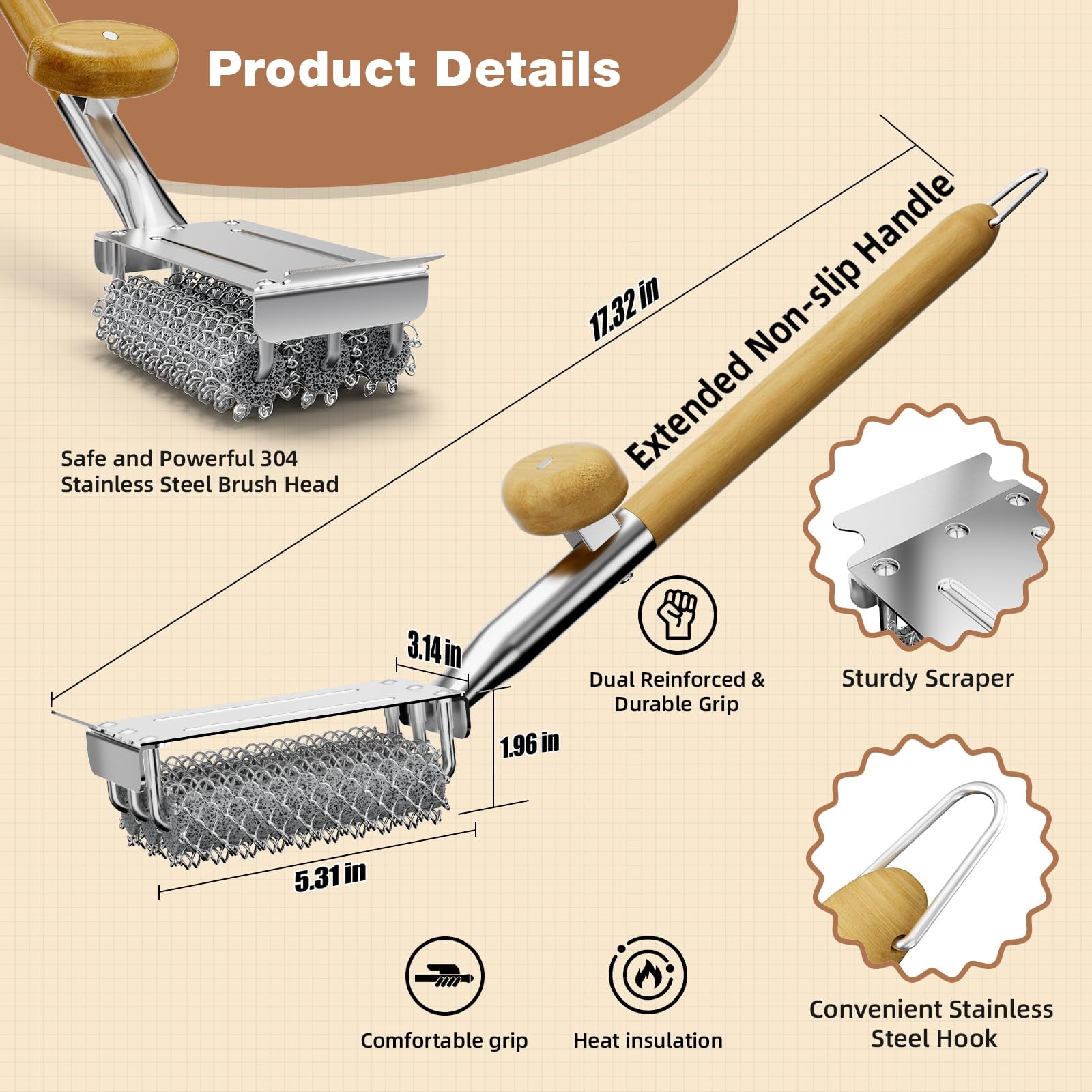 Rosaver Bristle-Free Grill Brush with Scraper, 3-in-1 BBQ Cleaner with Stainless Steel Mesh & Silicone Core, Detachable Head, Safe for Gas Charcoal Porcelain Grills