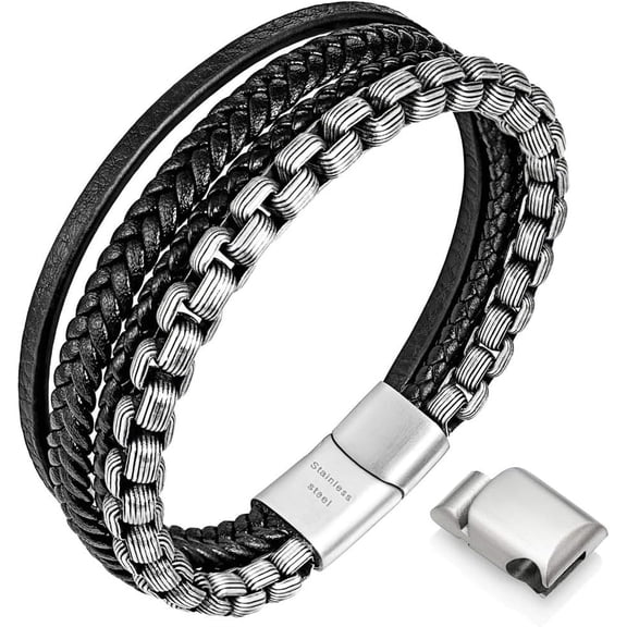 Wollet Mens Bracelets,Leather and Steel Bracelets, Chain Bracelets with Clasp