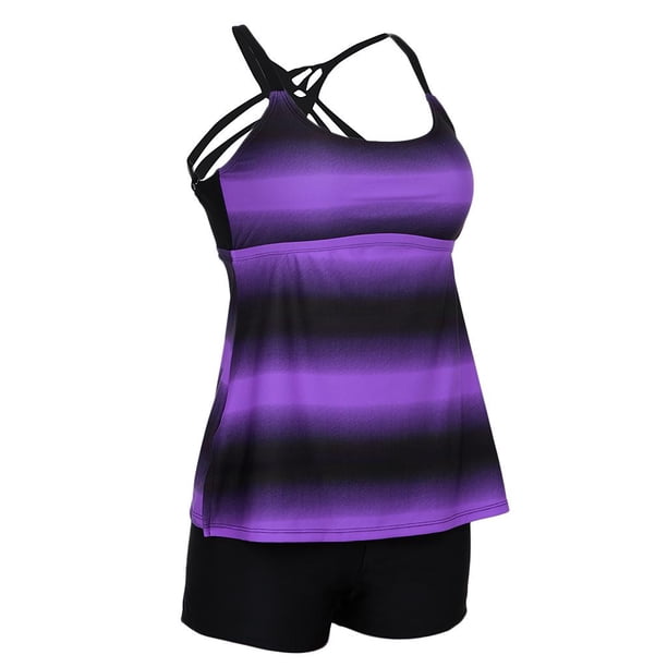 Rayas de Mujer Modesta de Las Mujeres Tankini Tankini Traje de Baño Acolchado Push Up Bro Boyshorts Swimsuit Beachwear Purple 3XL Sunnimix traje de baño tankini para mujer