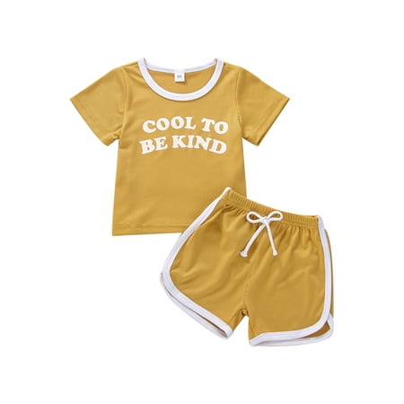 

Nokpsedcb 2Pcs Infant Boy Girl Ribbed Outfits Toddler Letter Print Short Sleeve Round Neck T-shirt Contrast Color Shorts Yellow 18-24 Months