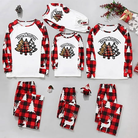 

jsaierl Family Matching Christmas Pajamas Sets Xmas 2PCS Dad Mom Kids Christmas Tree Printed Top and Plaid Pants Sleepwear Nightwear Homewear PJs Outfits