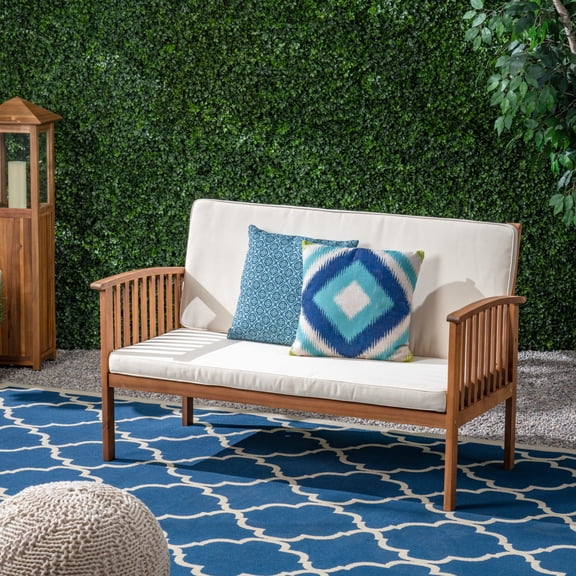 Luckynote Outdoor Loveseat, Acacia Wood Frame with Slat Panel, Weather Resistant Cushions for Patio Garden, Cream