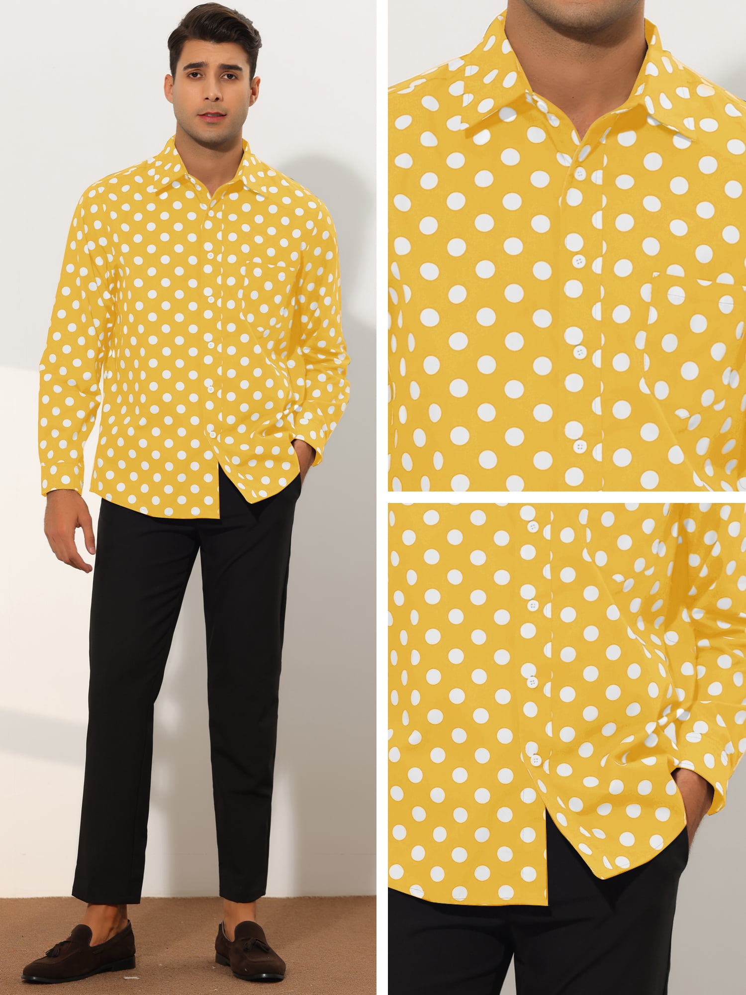 Unique Bargains Men's Polka Dots Dress Shirt Button Down Long Sleeve Casual Shirts L Yellow