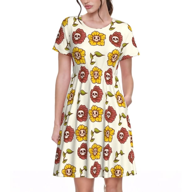 Balery Sunflowers And Skull Vestidos sueltos de manga corta para mujer, vestidos de verano 2025, vestidos casuales de corte A con vuelo.