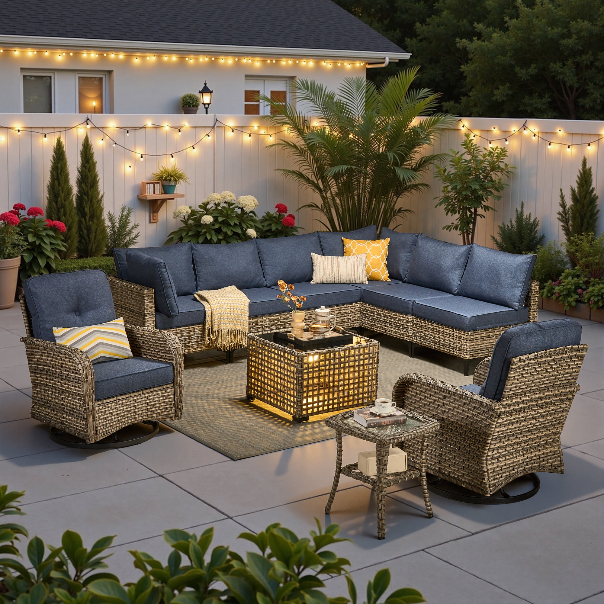 Ovios 10 Pieces Outdoor Patio Furniture All-Weather Wicker Sectional Conversation Set with Swivel Chairs & Solar Coffee Table, Denim Blue