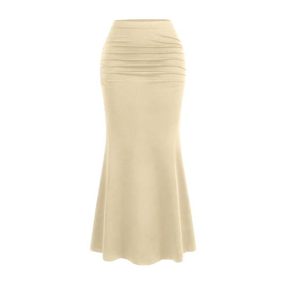 LWavelet Ruched Mermaid Midi Skirt Women Daily Casual Flowy Slim-Fit Versatile Bottoms Beige L
