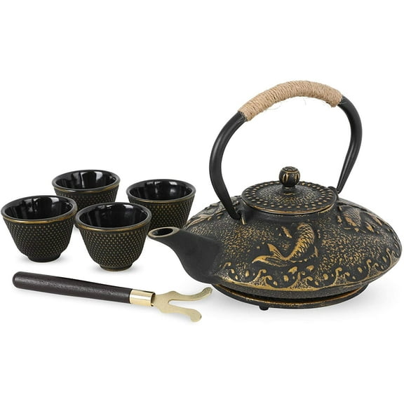 Koi Fish Cast Iron Teapot Set Stove Top Tea Kettle with 4 Cups Japanese Style Tetsubin Tea Gift Set, 26 oz with Stainless Steel Infuser