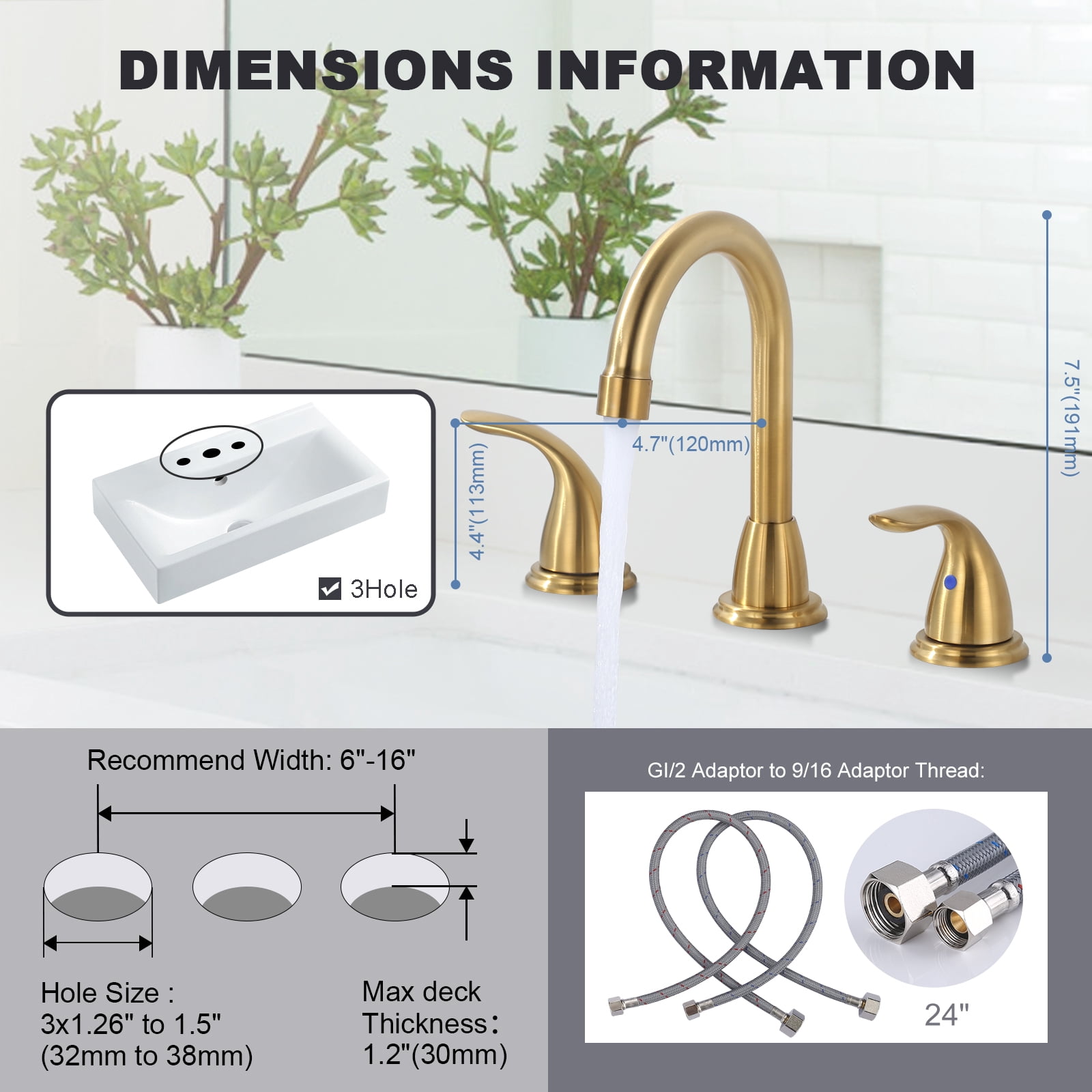 Wowow 2-Handle 6" and 8" Widespread Gold Lavatory Faucet with Supply Hoses & Drain Assembly