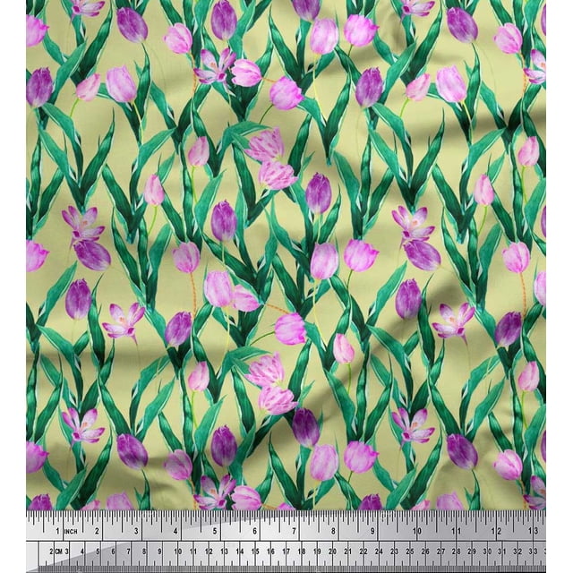 Soimoi Cotton Duck Fabric Leaves & Tulip Floral Print Fabric by Yard 42 Inch Wide