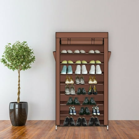 Metal Shelf Covers 10-Tier Easy Assembly Space Saver Shoe Rack Storage Cabinet Tower Organizer w/Stackable Shelves, Metal Frame, Woven Fabric Cover and Side Pocket ()