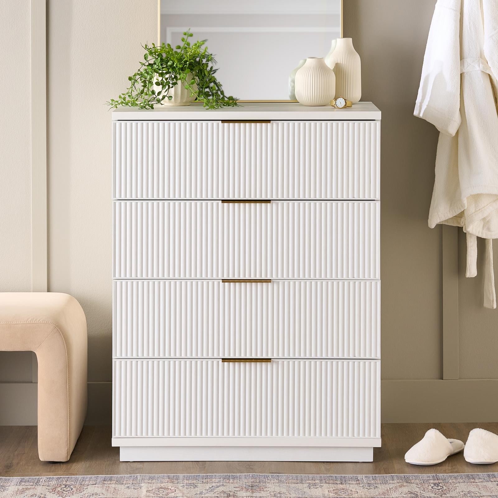 Better Homes & Gardens Lillian 4 Drawer Dresser and 2 Nightstands Bedroom Set, White