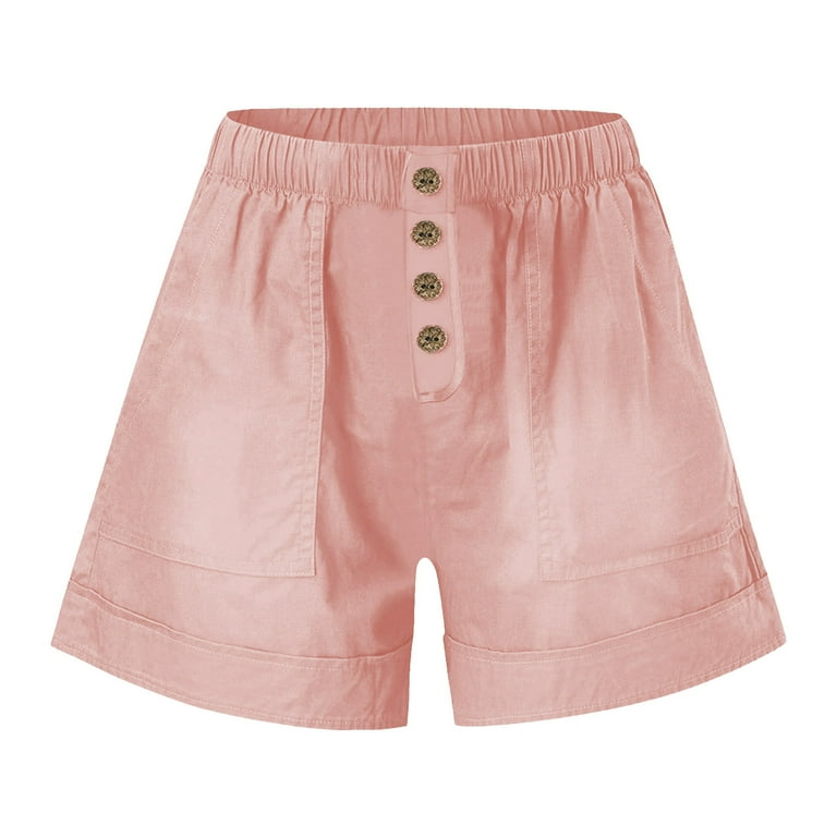 Pink Ladies Loose Fit Shorts Faux Gauze Linen Shorts for Women