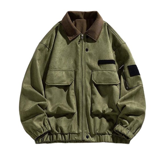 LYSMORA 2026 Men's Corduroy Collar Suede Utility Bomber Jacket, Multi Patch Pockets Elastic Cuff Loose Fit Windproof Street Casual Outerwear
