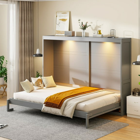 Harper & Bright Designs Queen Size Murphy Bed Cabinet, Wood Murphy Bed Platform Chest Bed Frame, Folding Wall Bed for Bedroom & Guest Room, Gray
