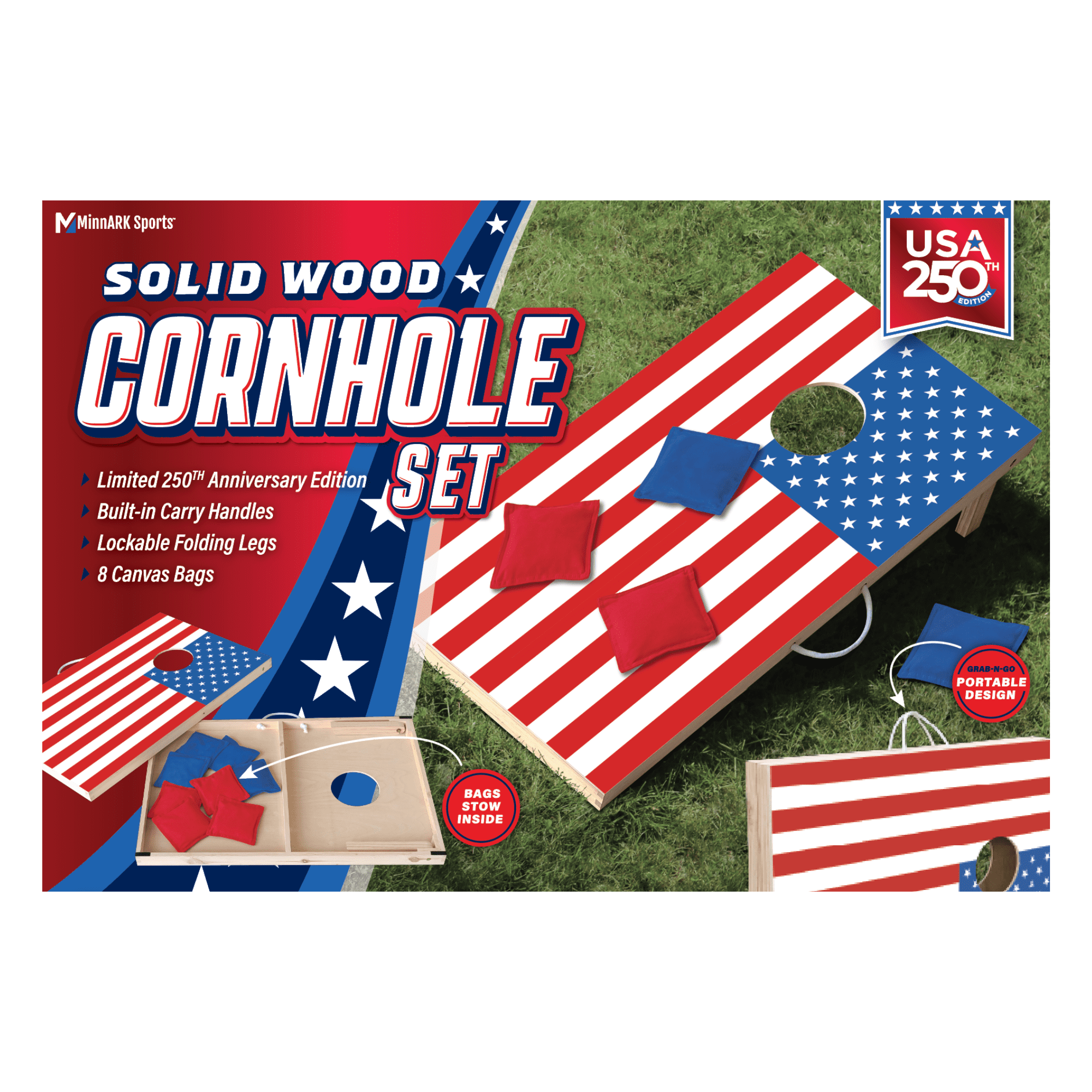 Patriotic Cornhole, Stick & Slide, Wooden, 2 Boards, 8 Bean Bags, Family Games, Ages 3+ by MinnARK