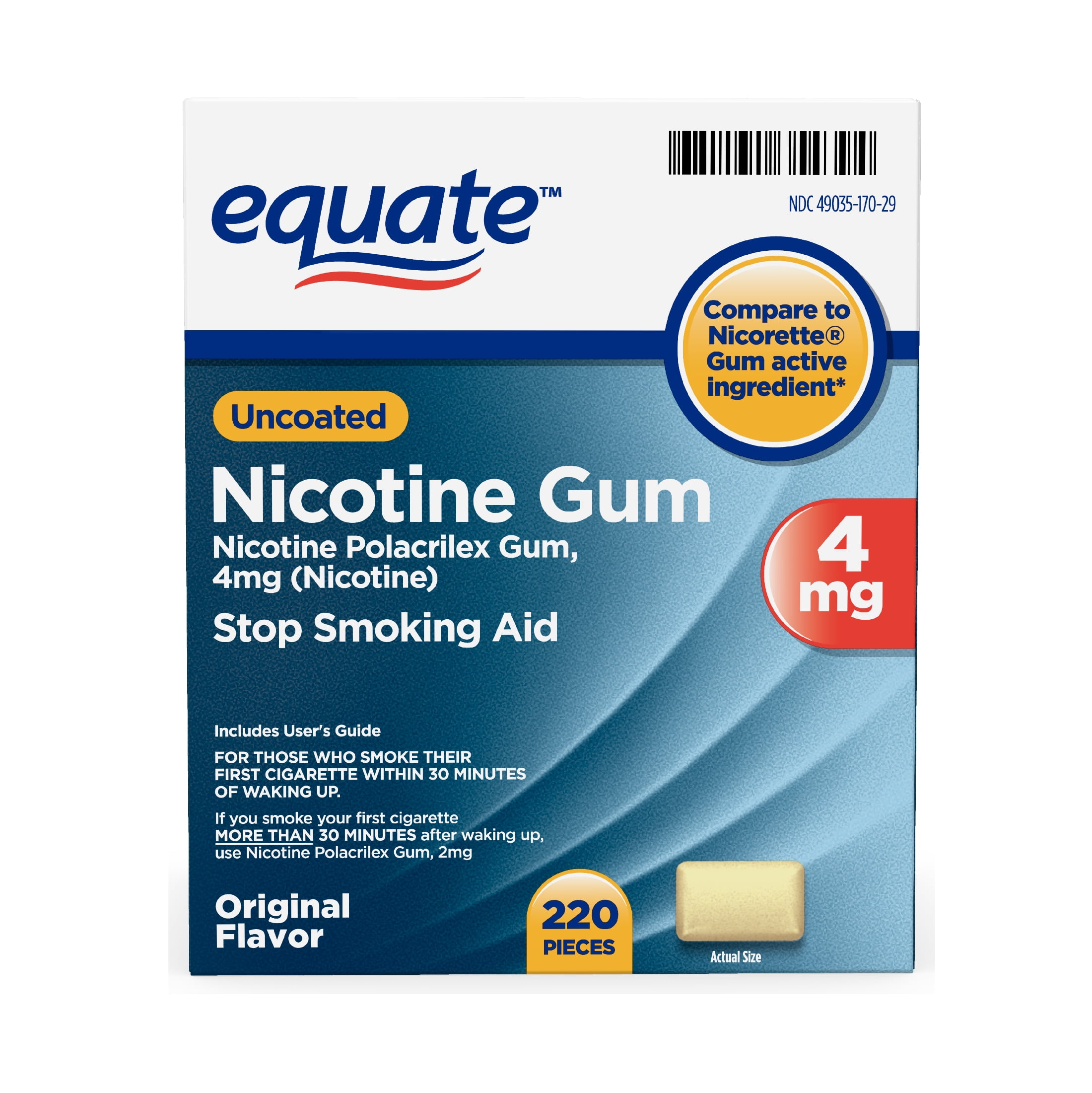 Equate Nicotine Uncoated Gum 4 mg, Original Flavor, 220 Count
