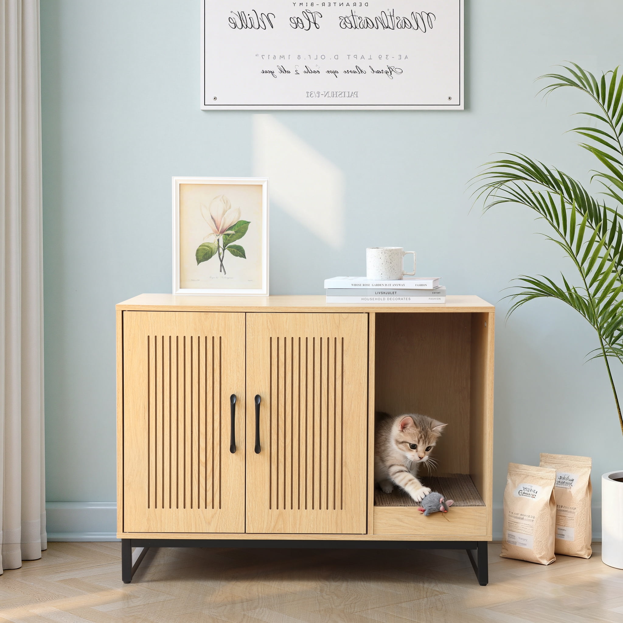 KATHY&BOB Hidden Cat Litter Box Enclosure Furniture with Cat Scratch Mat, Striped Grooved Design, Wooden Cat Washroom, Natural