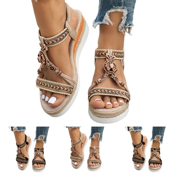 Pandaie Bohemian Wedge Sandals for Women Wide Width Platform Orthopedic Summer Beach Shoes Comfortable Walking Open Toe Woven Walking Sandal Beige Size 6.5
