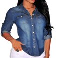 thumbnail image 1 of Chemise Rétro pour Femme en Jean Bleu Ajustée en Denim Doux à Manches Longues Hauts Blouse Veste, 1 of 6