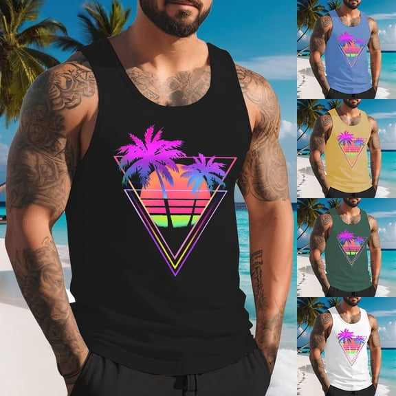Gifts for Men! LINGLANG Mens Hawaiian Beach Tank Top Palm Tree Print Sleeveless Summer Casual Shirt