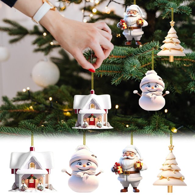 fiudx adorno para árbol de navidad, colgante multicolor de Papá Noel, muñeco de nieve y casita: vista frontal con mano colgando casita blanca con techo nevado; incluye dos Papá Noel con regalos, dos muñecos de nieve con gorro rosa y dos árboles dorados con cuerda dorada y acabados pintados; versátil para hogar u oficina y regalo ideal de Navidad; a menudo usado también para decorar coronas o centros pequeños.