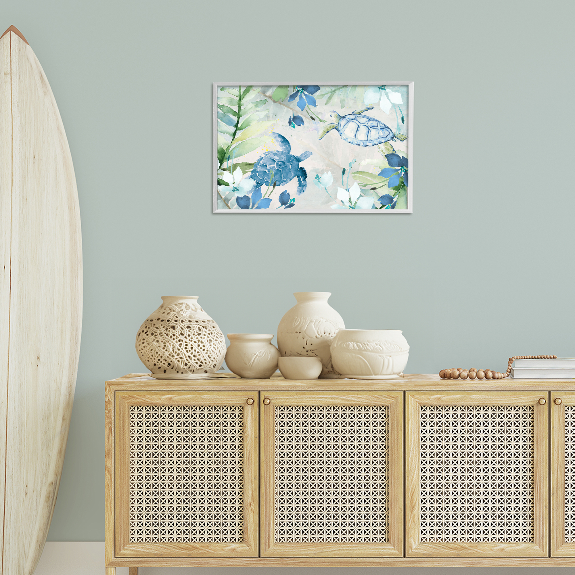 Stupell Industries Turtles Among Flowers Coastal Painting White Framed Art Print Wall Art, 24 x 16