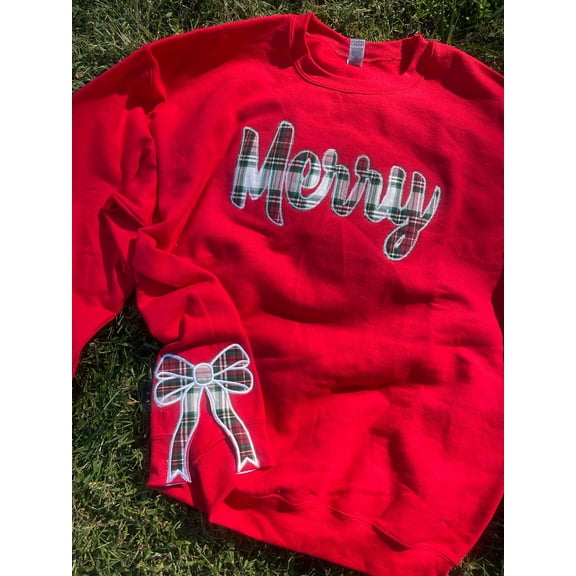 Merry Plaid Applique Christmas Sweatshirt with Side Bows
