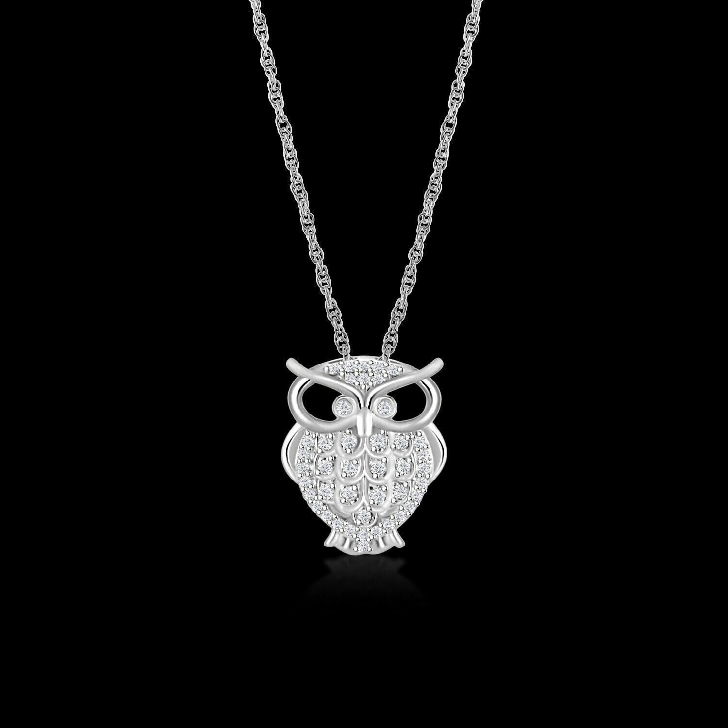 TAAPSEE JEWELS Owl Charm Pendant Round Cut Cubic Zirconia 14k White Gold Plated Free Chain 18"
