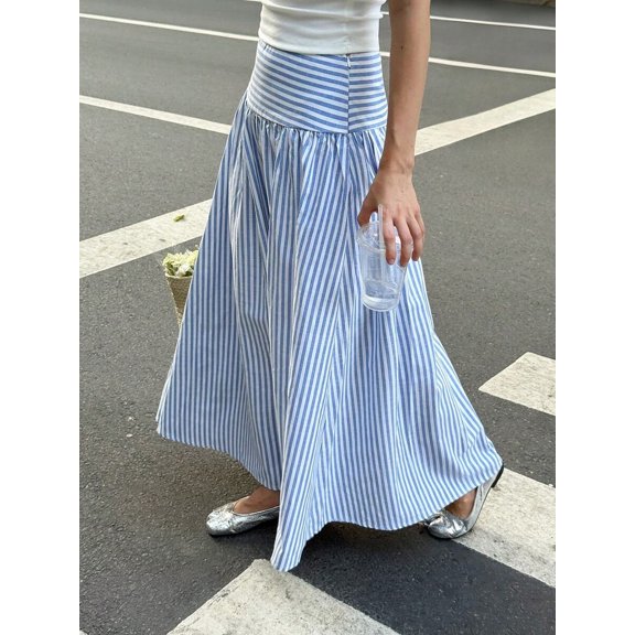 Women High Waist Striped Maxi Skirt, Casual A-Line Flowy Long Skirt