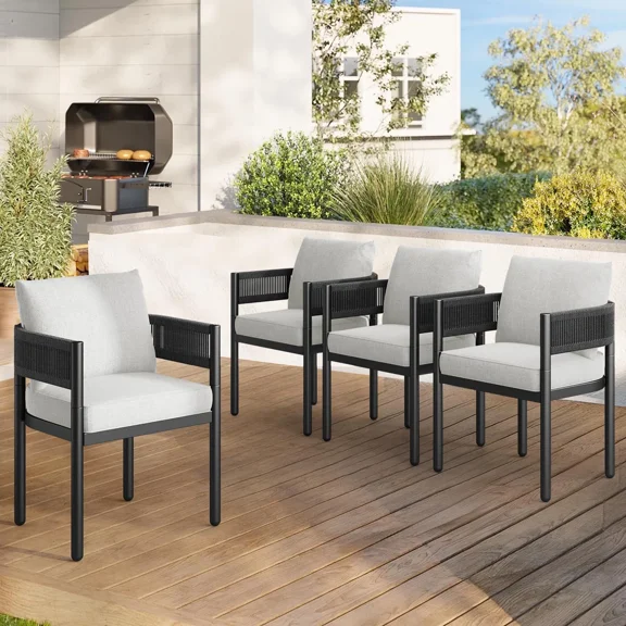 EVERITE Outdoor Steel Wicker Dining Stool (Set of 4),Heavy-Duty Patio Bar Seating,Beige