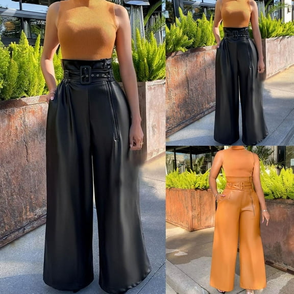 Women's Faux Leather Pants Baggy High Waist Wide Leg Y2K Trousers Casual Wide Leg Pants for Women's Dress Pants Pull on Pants