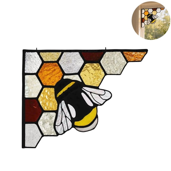 Bee Honeycomb Corner Window Hanging Ornament, Stained Glass Style Home Wall Decor