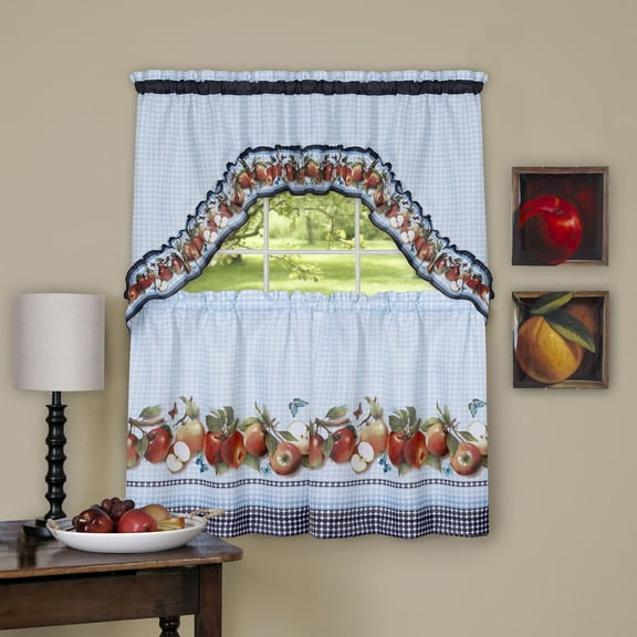 Kitchen Comfort Golden Delicious - Printed Tier & Swag Window Curtain Set - 57x24 - Ice Blue
