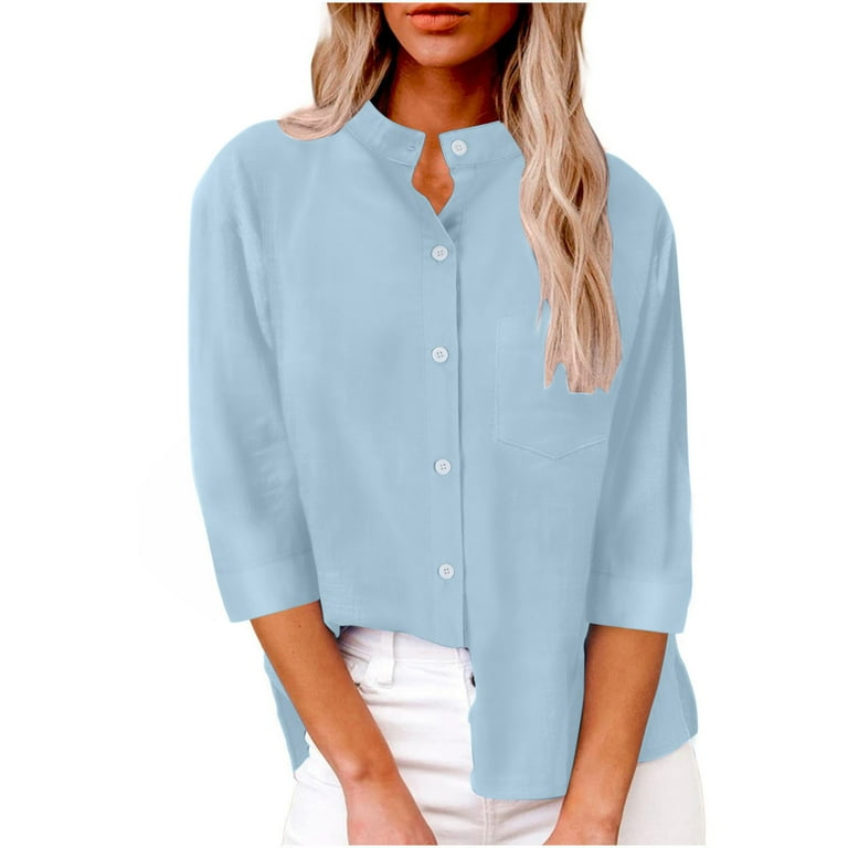 Womens Button Up Shirts 3 4 Sleeve Collarless Solid Color Loose Button Down Blouses for Women Summer Fall Casual L Sky Blue Walmart