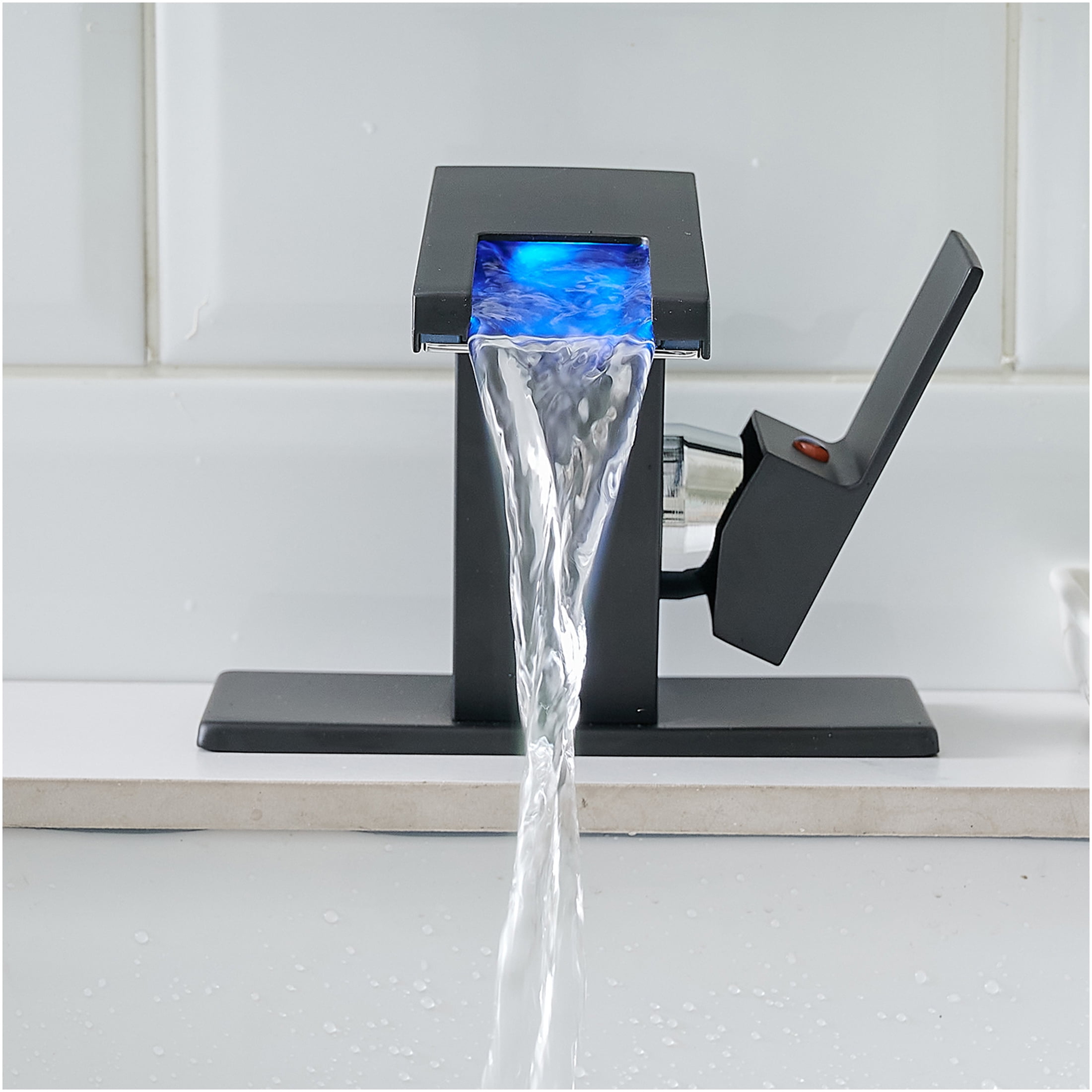 JERFIT 1-Hole LED Waterfall Bathroom Sink Faucet, Single Handle Black Brass Faucet with Temperature Sensing Light for Vanity Basin