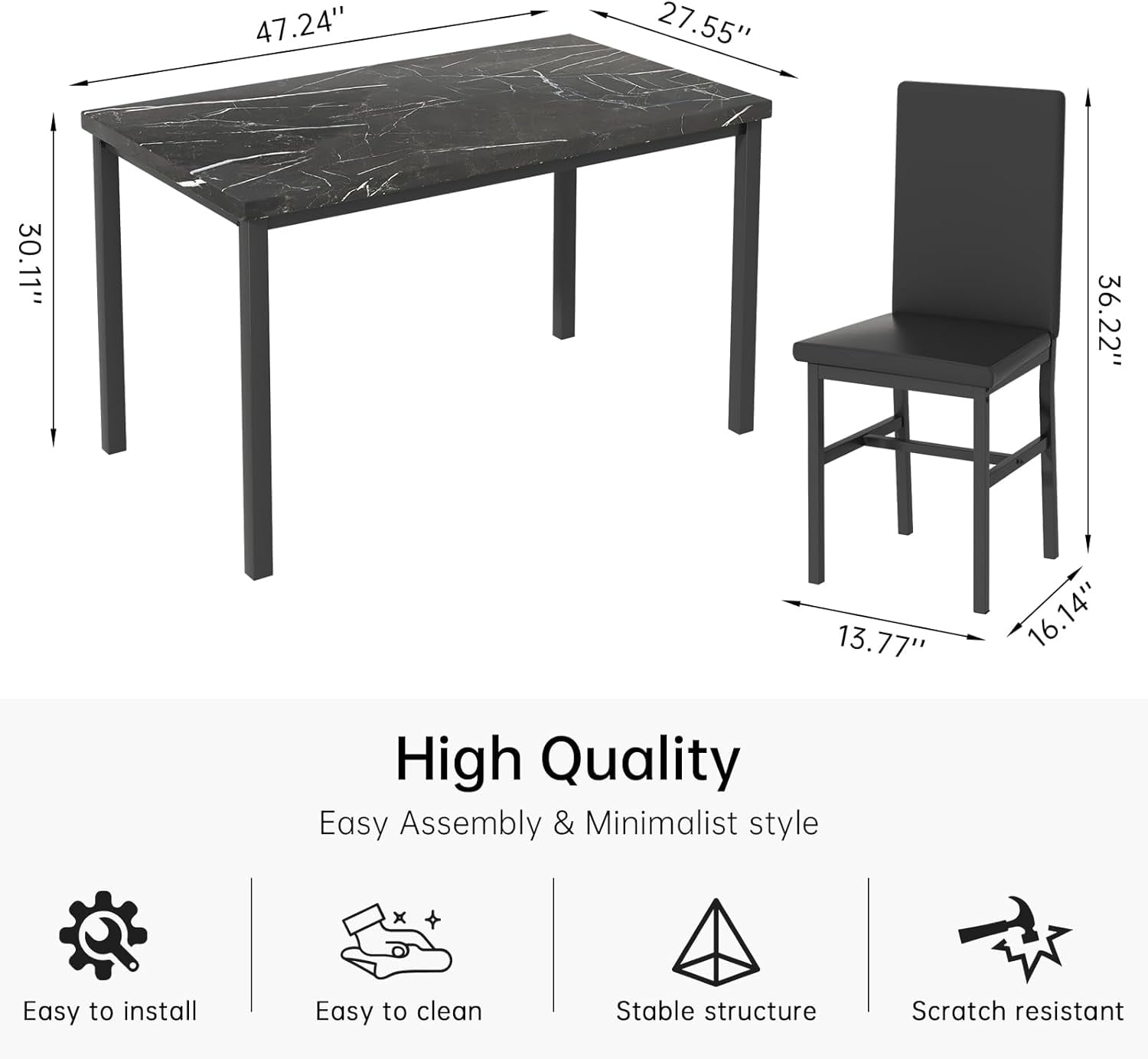 4-person dining table set, modern artificial marble dining table set, kitchen table and chair set of 4 pieces, with 4 PU leather chairs, suitable for small spaces, apartments, restaurants, black