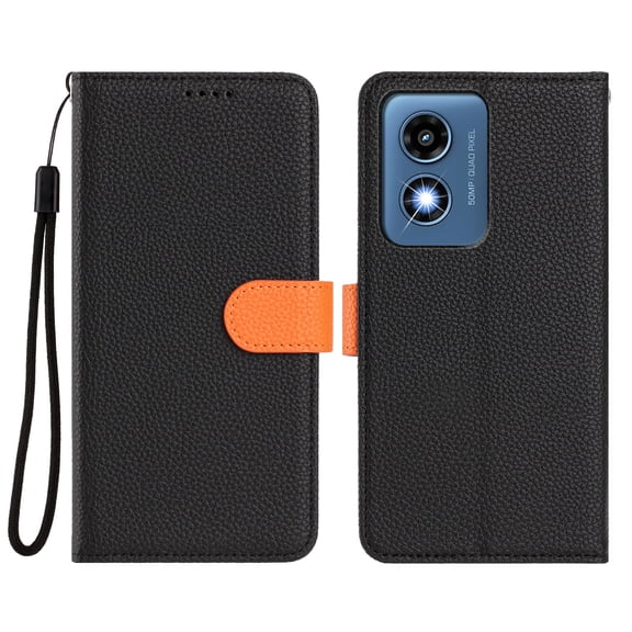 ELEHOLD 2-in-1 Magnetic Wallet Case for Moto G Play 4G (2024), RFID Protection Leather Shockproof TPU Case with Wrist Strap, Stand Function,Black
