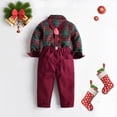 thumbnail image 3 of GobdXE Boys Plaid Long Sleeve Shirt Suspender Pants Outfit Set with Bow Tie formal Wedding Gentleman Suit 1-2 Years,Red, 3 of 9