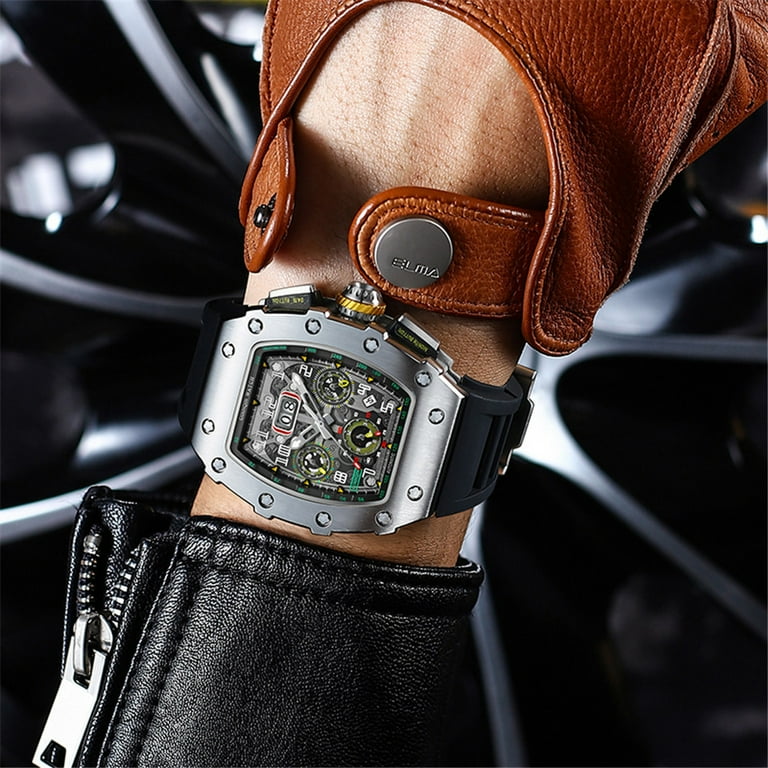 GUANQIN Men Automatic Wrist Watch Skeleton Tourbillon Tonneau Waterproof Silicone Band Business Sport Luminous Sapphire Crystal Multifunction Clock Day Date Month Walmart