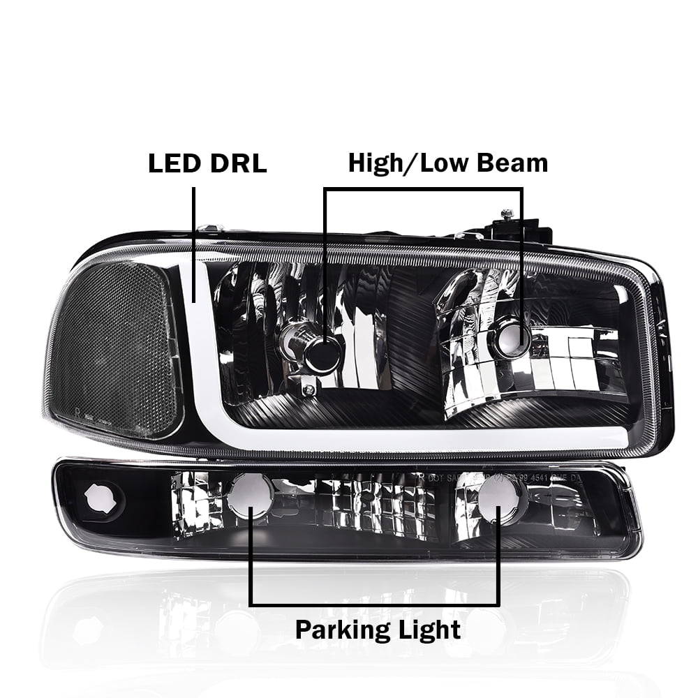 PIT66 Headlights, Fit for 1999-2007 GMC Sierra 1500/2001-2007 GMC Sierra  1500HD 2500HD 3500/1999-2004 GMC Sierra 2500/99-06 GMC Yukon, LED DRL BAR 