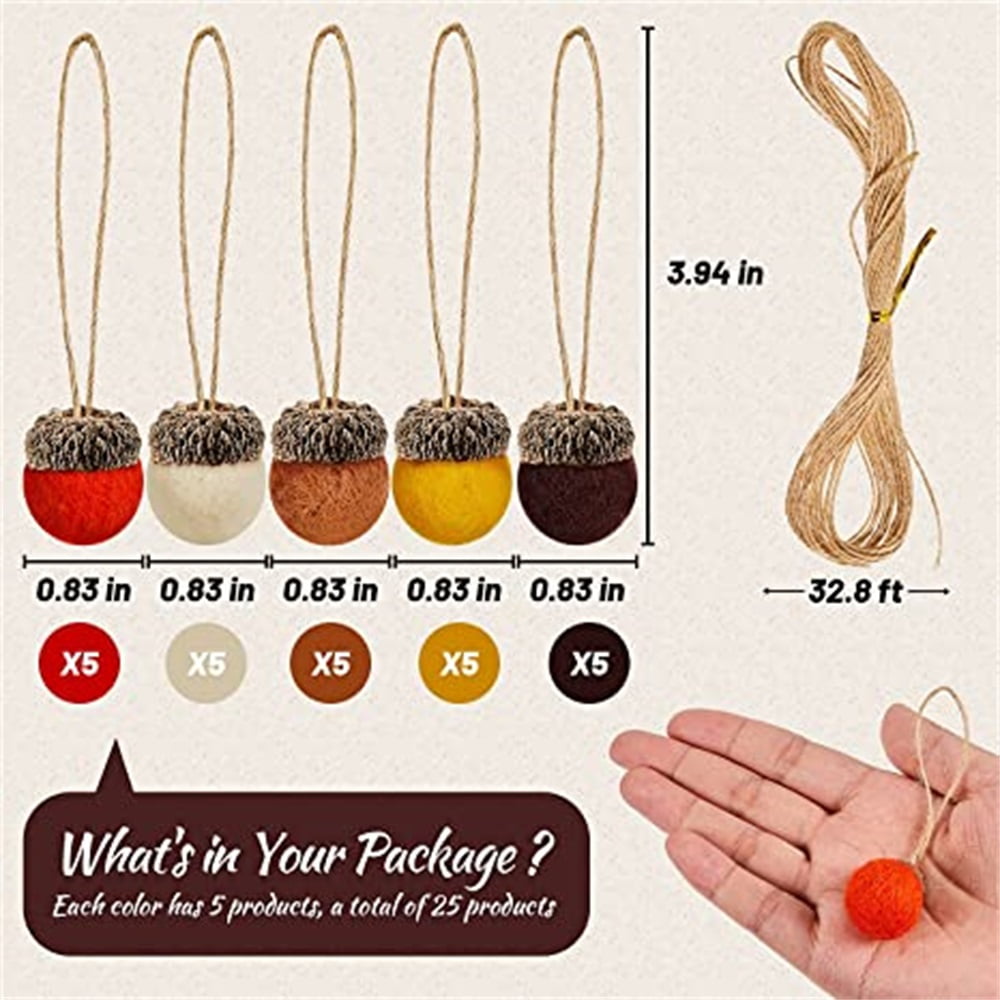 Kepooman 25 Pieces Felt Acorn Ornaments Wool Felted Acorn Garland Felt Balls Rustic with 32.8 Feet Rope for Fall Holiday Tree Mantel Wall Home Vintage Decoration, Multicolor