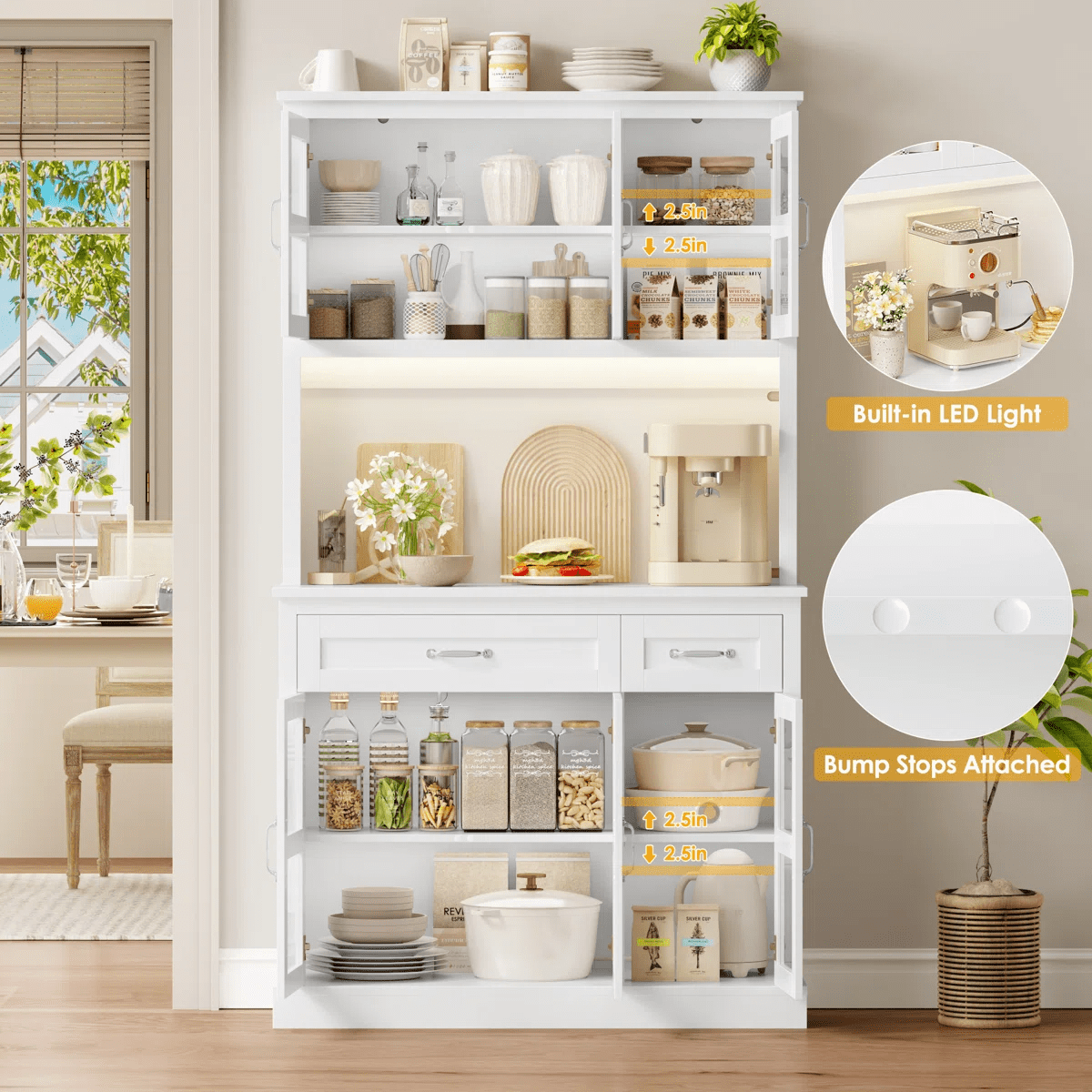 Hiphuta 71" Kitchen Pantry Cabinet with Charging Station & Light, Tall Pantry Large Storage Space Cabinet with Microwave Stand, Modern Freestanding Hutch with Countertop for Dining Room, White
