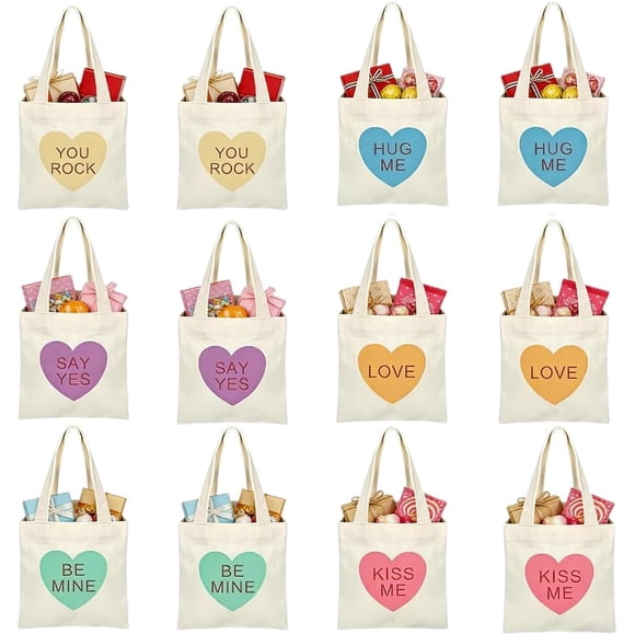Mini Conversation Heart Canvas Bags, 6/12 PCS Valentine's Day Tote Heart Bags, Reusable Gift Goodie Bag for Women