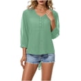 thumbnail image 2 of BRGZLK Women's 3/4 Sleeve Solid Color Summer Gauzy Tops Trendy Button Decoration Henley Shirts Classy Cruise Going Out Outfits, 2 of 6