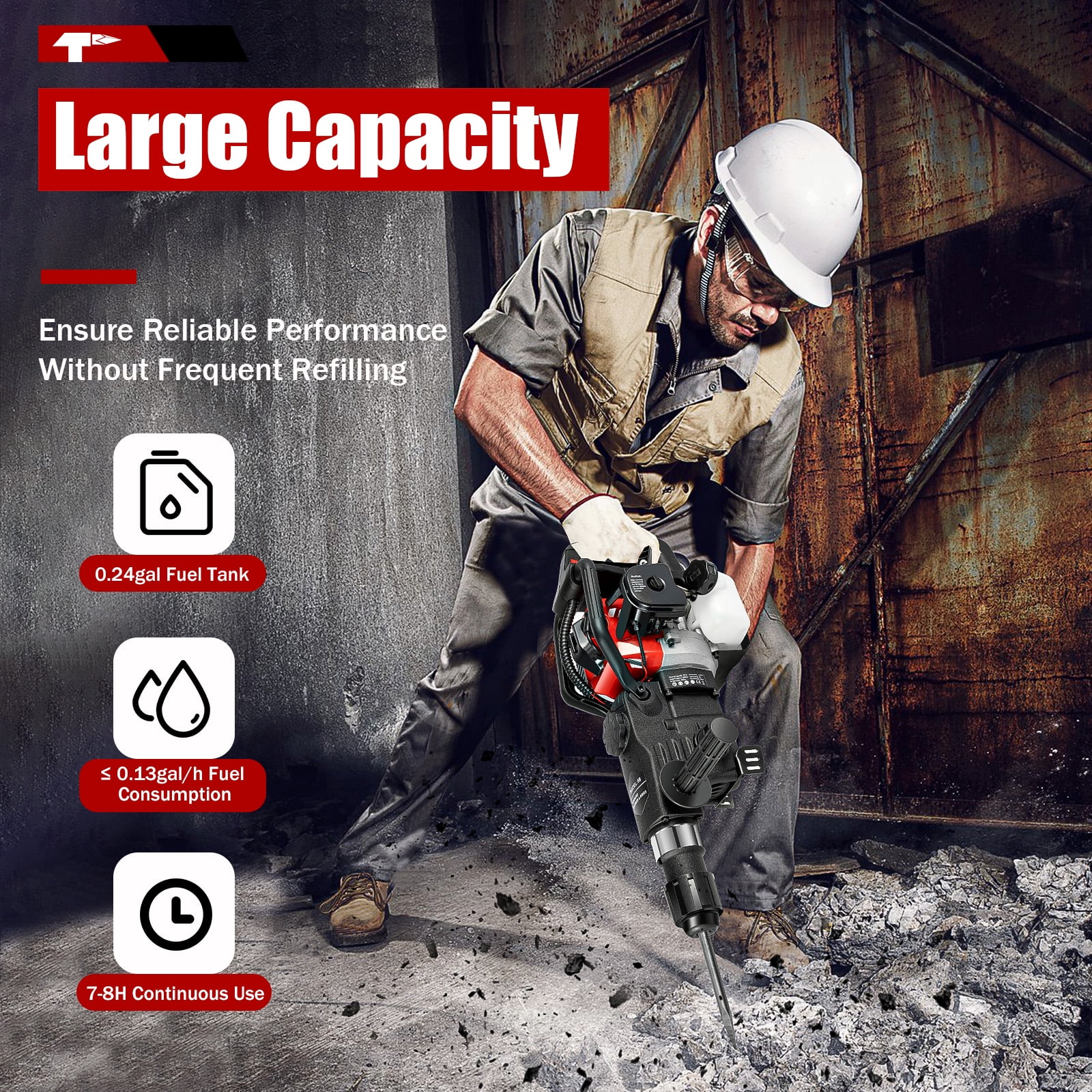 33CC 2-Stroke Gas Hammer Drill, 30J 1000W 3-in-1 Cordless Demolition Tool, for Concrete Brick Rock