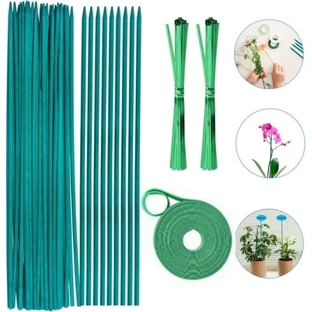 Casewin Green Bamboo Plant Stakes Garden Stakes 15 inch 50 PCS,Wood Stakes for Vegetables/Floral,Bamboo Plant Support for Indoor &Outdoor Plants with 50 Garden Ties, Sign Posting Garden Sticks