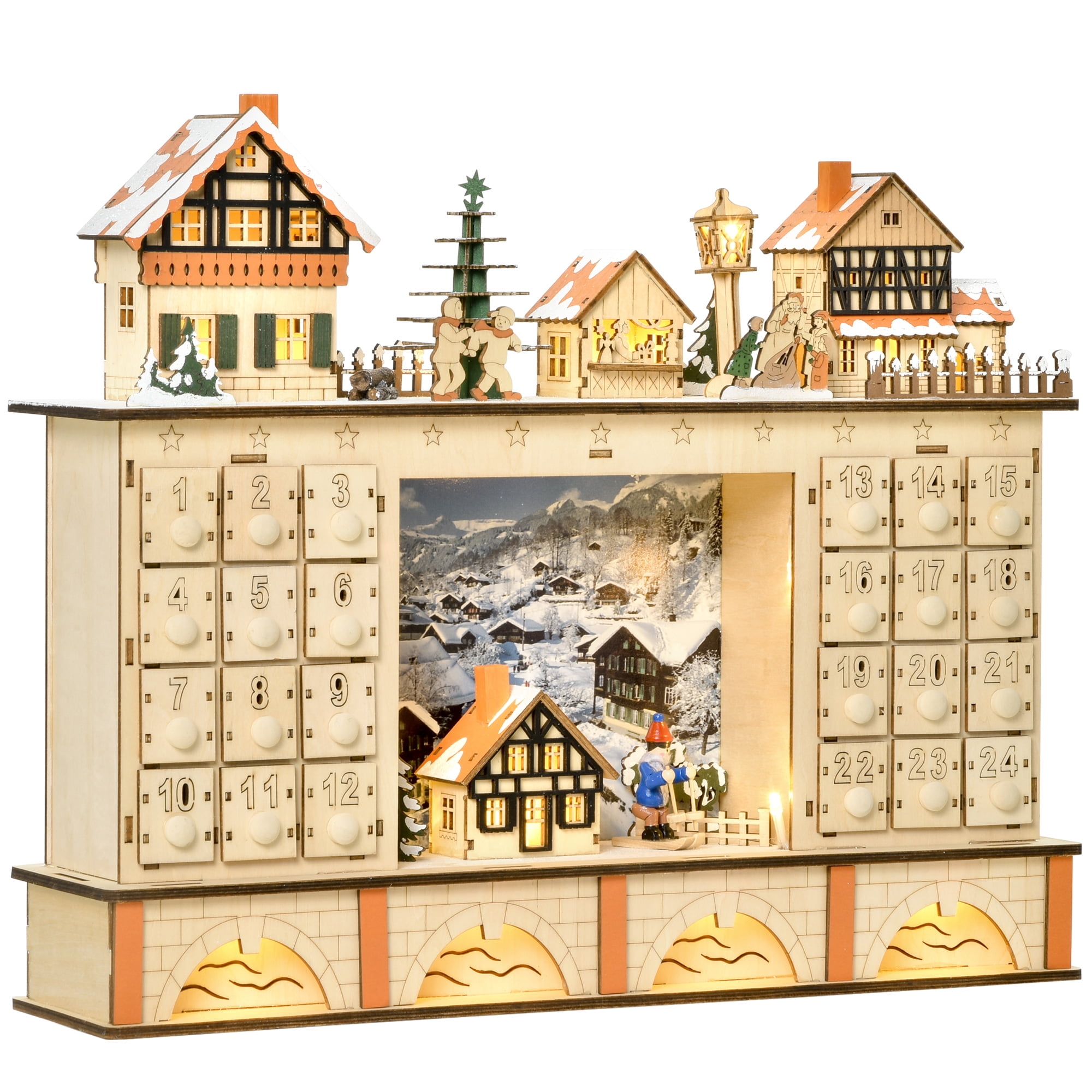 HOMCOM Wooden LED Lit Christmas Advent Calendar Counter Battery Operated  Scene - Walmart.com